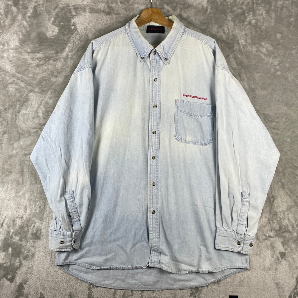 Vintage Porsche Empolyee Button Up Shirt Men XL Denim Embroidered Logo Faded 90s